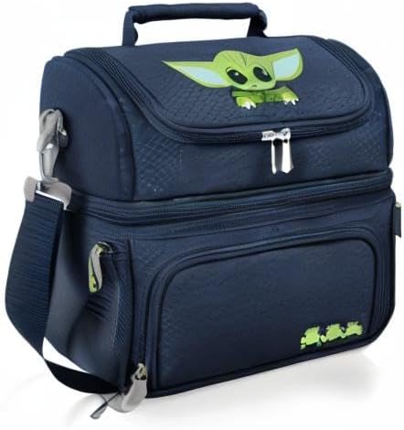 PICNIC TIME Star Wars Mandalorian Grogu Pranzo Insulated Lunch Box, Soft Sided Cooler Bag with Utensil Set, Dual Compartment Lunch Tote, (Navy Blue)