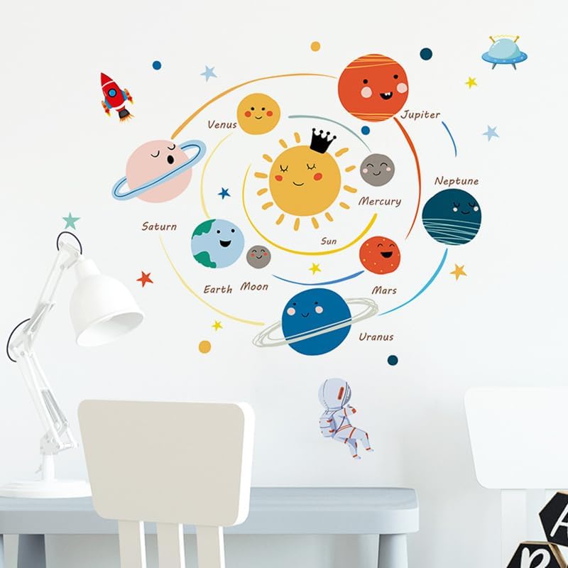 Quanhaigou 3D Solar Space Wall Decals Stickers Wall Murals Wallpaper Decor for Home Floor Living Room (Solar System)