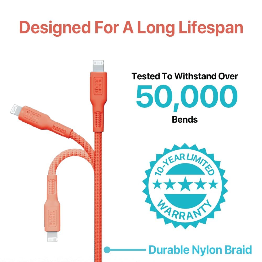 BLACK+DECKER Lightning to USB Cable - Fast Compatible iPhone Lightning Cable - Durable Braided iPhone Charger Cord - for Travel and Daily Use - Multiple Color + Length Options - 3ft