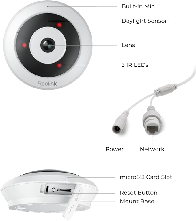 REOLINK WiFi Security Fisheye Camera, 2K+ 6MP 360° Panorama, 2.4/5GHz WiFi Indoor Wireless Security Camera, Person Motion Detection, Ceiling/Wall/Desk Mount, Supports up to 512GB microSD, FE-W (White)