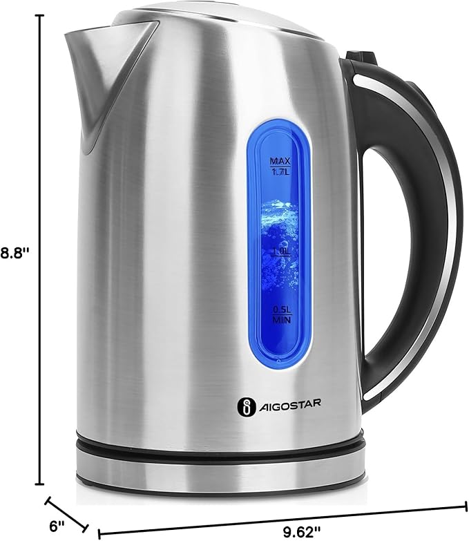 Aigostar King - Electric Kettle Stainless Steel, 1.7 Liter Cordless Tea Kettle, 1100W Hot Water Kettle with Auto Shut-Off, BPA-Free