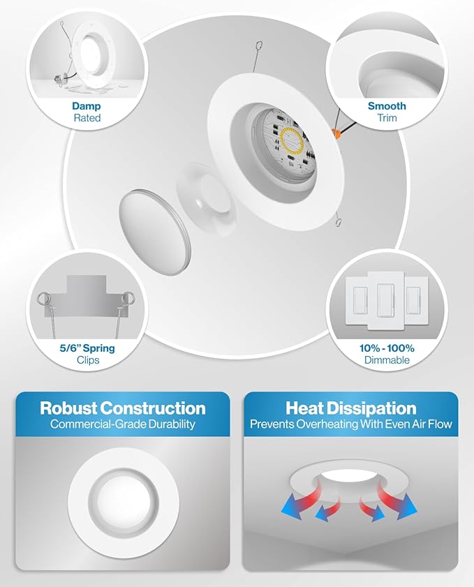 Sunco 12 Pack 6 Inch LED Can Lights, Retrofit Recessed Lighting, Smooth Trim, 965 LM, 13W (75W Equivalent), 2700K Soft White, Dimmable, Damp Rated UL.
