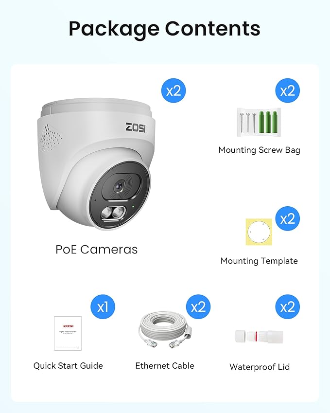 ZOSI C220 4K 8MP Add-On PoE IP Camera Outdoor Indoor, Surveillance Security Camera for Home, AI Person/Face/Vehicle Detection, One-Way Audio, 100ft IR Night Vision, Only Work with ZOSI PoE NVR, 2Pack