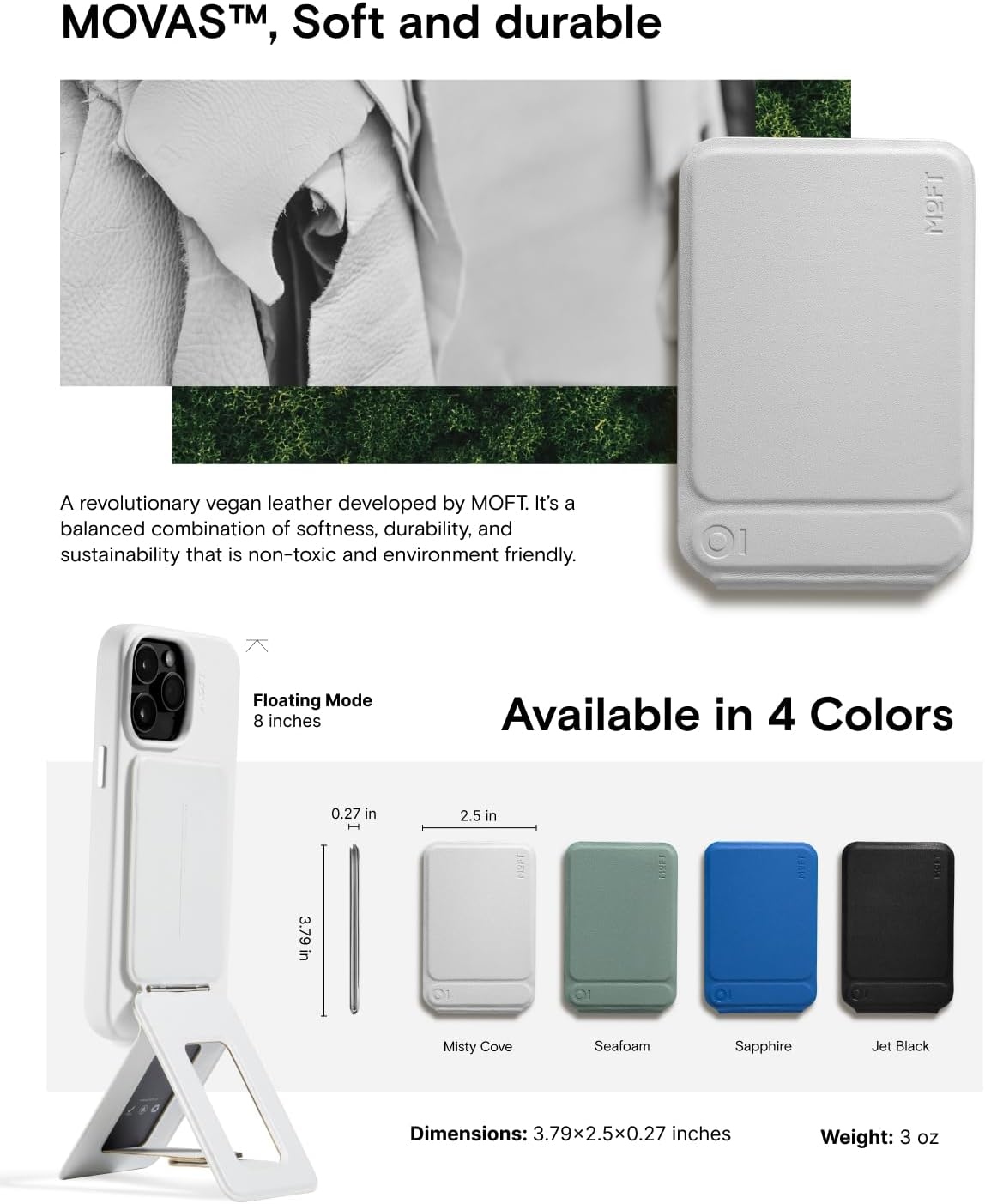 MOFT Phone Tripod Stand Selfie Stick for iPhone, Multi-Angles iPhone Stand, Lightweight & Portable Phone Holder, Strong Magnets, MOVAS Vegan Leather, Travel Essentials, Sapphire (Without Card Slot)