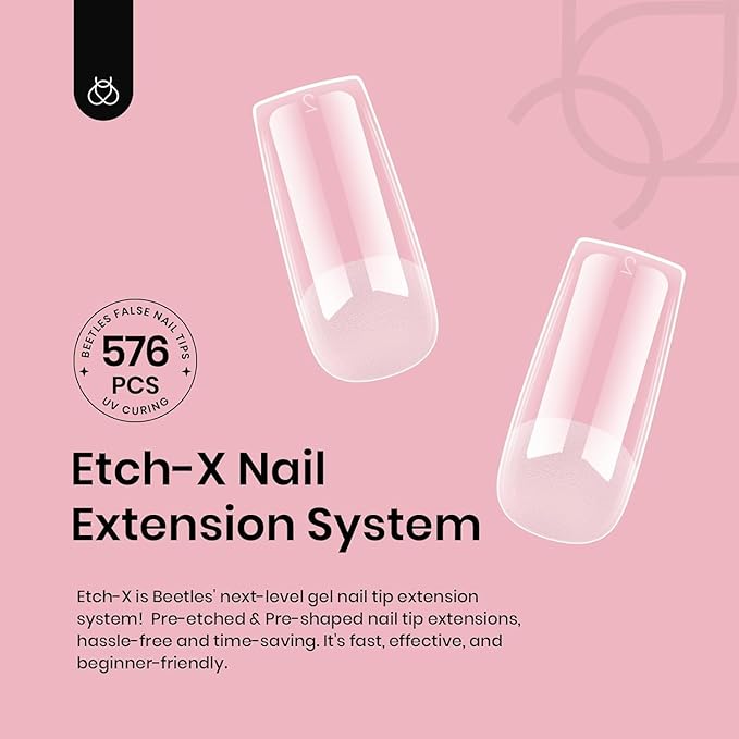 Beetles Nail Tips Medium Square 576Pcs 12 Sizes - Pre-Etched Soft Acrylic Nail Tips Half Matte False Nails Nail Art Full Cover Press Ons Nail Extensions Gift Set Home DIY Nail Salon