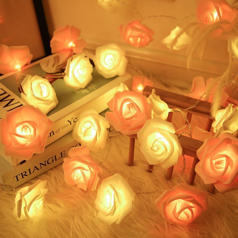 Everlasting Splashes LED Rose Flower Fairy String Lights Battery Operated Warm Flashing Light Romantic Proposal Wedding Party Birthday Christmas Thanksgiving DIY Indoor Outdoor Decorations (Red&Pink)