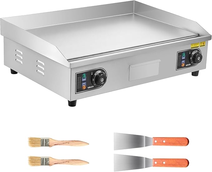 VEVOR Commercial Electric Griddle, 25.79 x 15.75 inch, 2800W, 122-570°F Adjustable Temp Control, Stainless Steel Body, Full Flat, with 2 Spatulas, 2 Brushes, and 4 Foot Pads, for Steak(NO PLUG)
