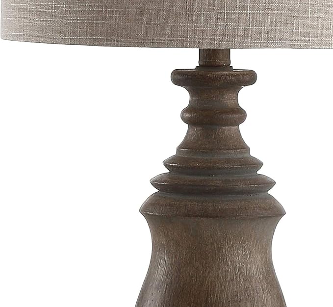 JONATHAN Y 28.5" Brown Faux Wood Resin Table Lamp, Traditional Balustrade Nightstand Lamp for Living Room Bedroom, Gray Linen Drum Shade, UL Listed, LED Bulb Included JYL3041A