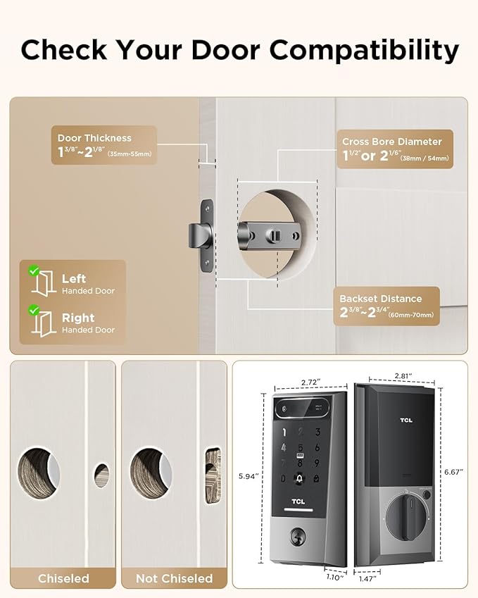 TCL Smart Lock D2 Pro with Palm Vein Recognition, Keyless Entry Door Lock for Front Door, Wi-Fi Keypad Deadbolt, App Remote Control, Auto Lock, Rechargeable Battery, Works with Alexa & Google