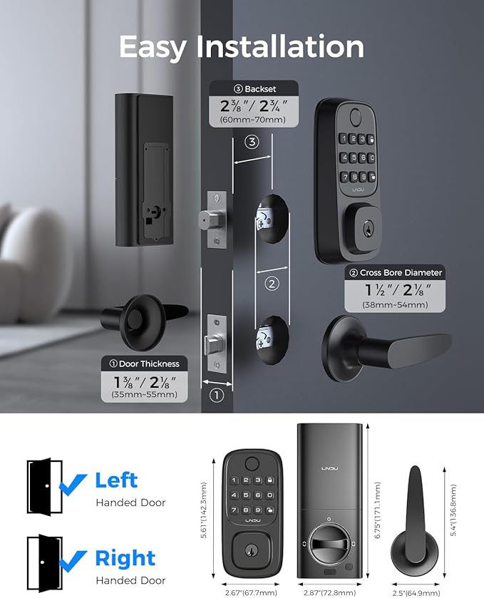 Keyless Entry Door Lock, WiFi Smart Keypad Deadbolt with Handle Set, Supports Fingerprint, Amazon Alexa, Google Assistant, App Control, Auto-Lock, One-Time Code, Anti-Peeking Password