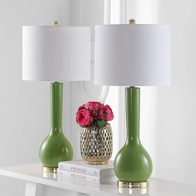 SAFAVIEH Lighting Collection Mae Long Neck Modern Contemporary Green Ceramic 31-inch Bedroom Living Room Home Office Desk Nightstand Table Lamp Set of 2 (LED Bulbs Included)