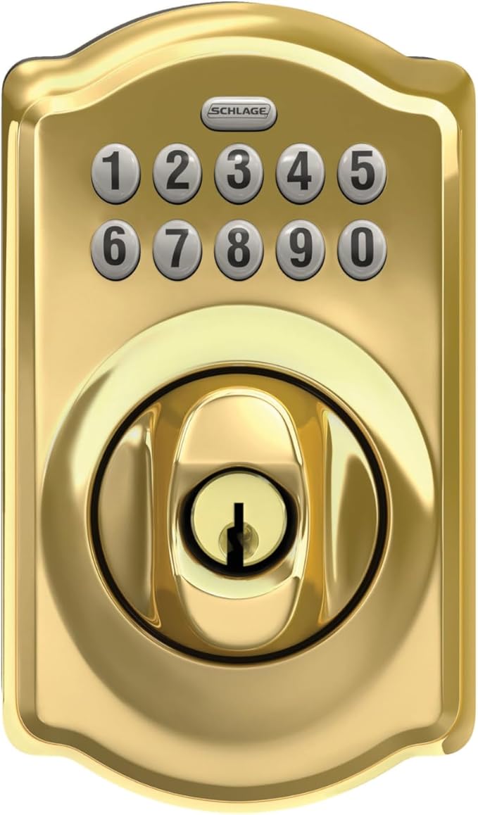 Schlage BE365 CAM 505 Camelot Keypad Deadbolt, Electronic Keyless Entry Lock, Bright Brass