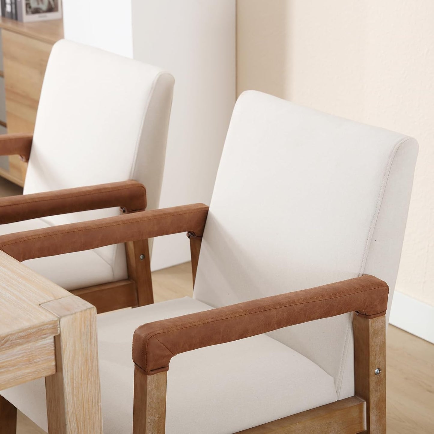 Kmax Modern Dining Chairs Set of 4 Linen Fabric Kitchen Arm Chairs Upholstered Accent Chairs with Wooden Legs for Dining Room, Living Room, Bedroom, White