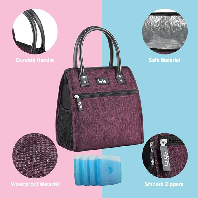 Nicole Miller Insulated Lunch Bag Tote Thermal Soft Side Wide-Open Cooler Ice Bag Lunch Box for Food with Drink Bottle Holder
