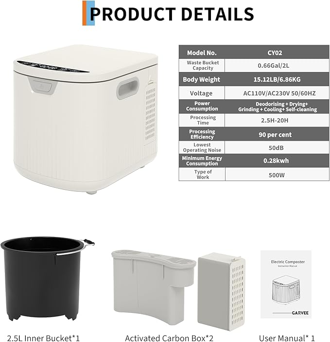 2.5L Kitchen Composting Bins, 3 Modes Smart Composter Bin, Auto-Clean, Converts Food Waste to Dry Fertilizer, LED Display & Quiet Operation
