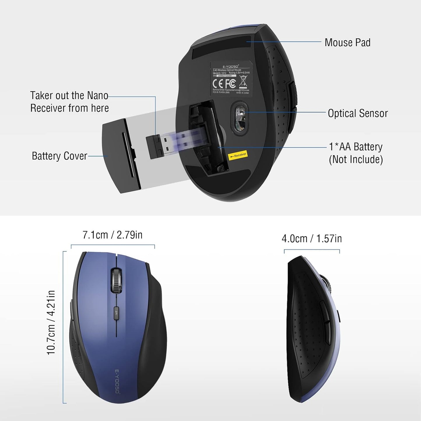 E-YOOSO Wireless Mouse for Laptop, Portable Optical Computer Mouse, 6 Buttons, Cordless 2.4GHz with USB Receiver, 5-Level 4800 DPI, 18 Months Battery Life, for PC, Chromebook, Windows, Mac(Blue)
