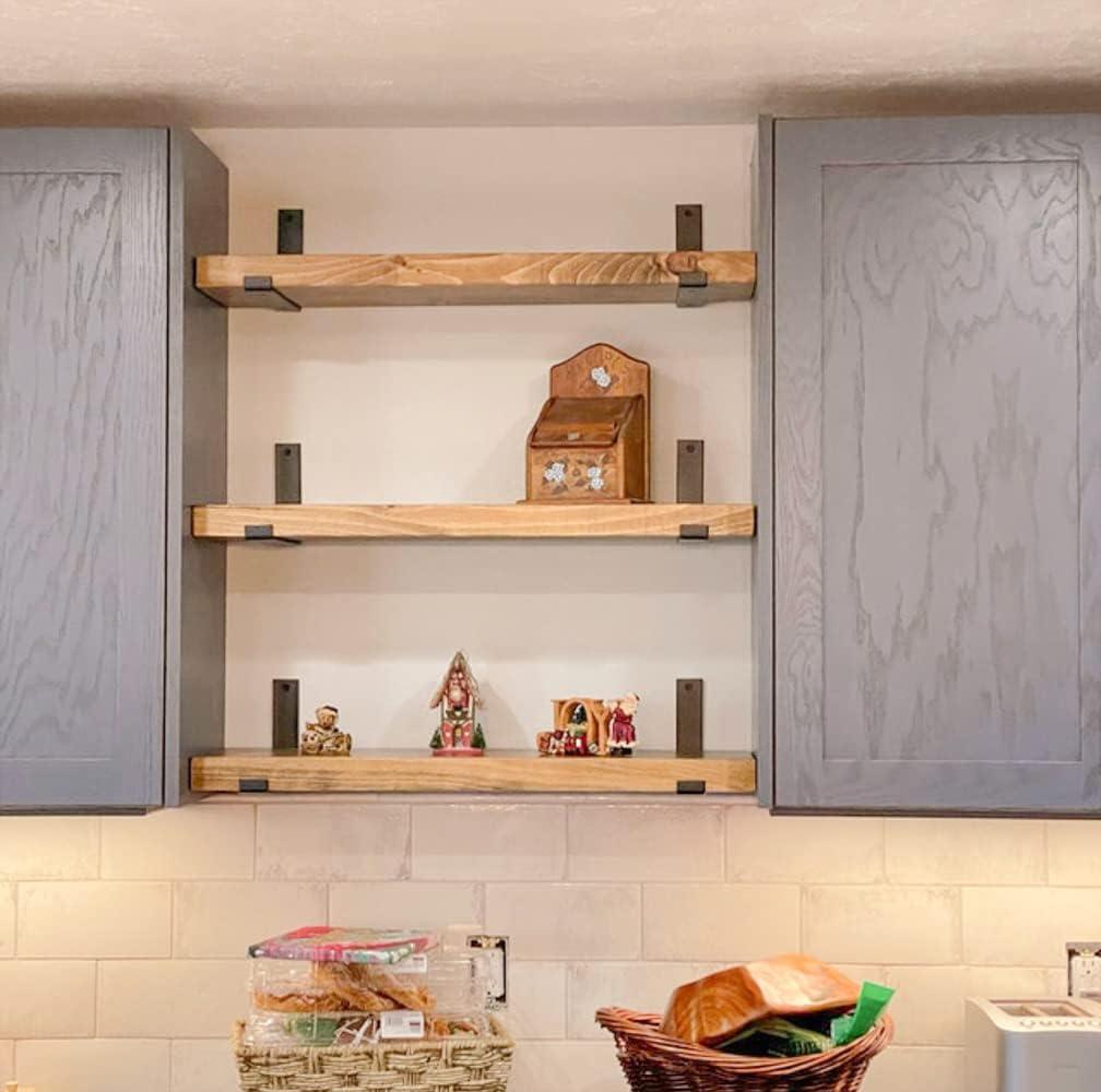 Rustic Shelves with J-Brackets Set of 2, Industrial Shelf, Kitchen Shelves, Solid Wood, Decorative Wall Storage, Heavy Duty, URBANDI (Brown, 12Wx12D)