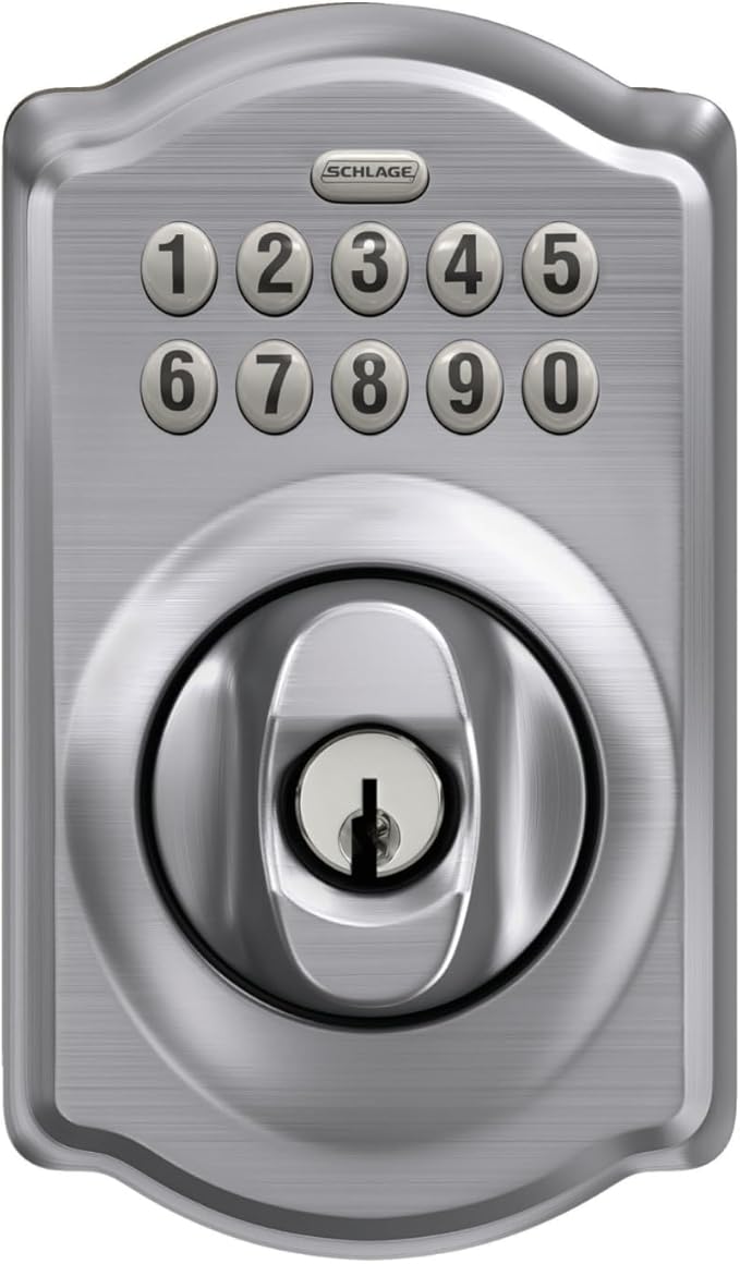 Schlage BE365 CAM 626 Camelot Keypad Deadbolt, Electronic Keyless Entry Lock, Satin Chrome