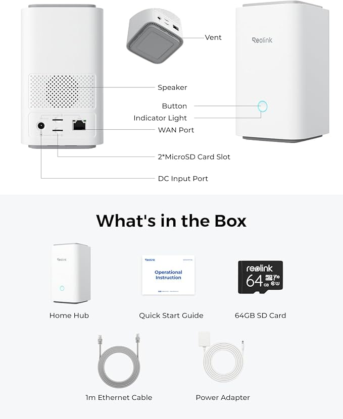 REOLINK Home Hub Centralized Control for up to 8 REOLINK Battery/WiFi Security Cameras, Encryption Privacy, 2.4/5GHz WiFi, No Monthly Fee, 64GB SD Card Installed, No Third-Party Support