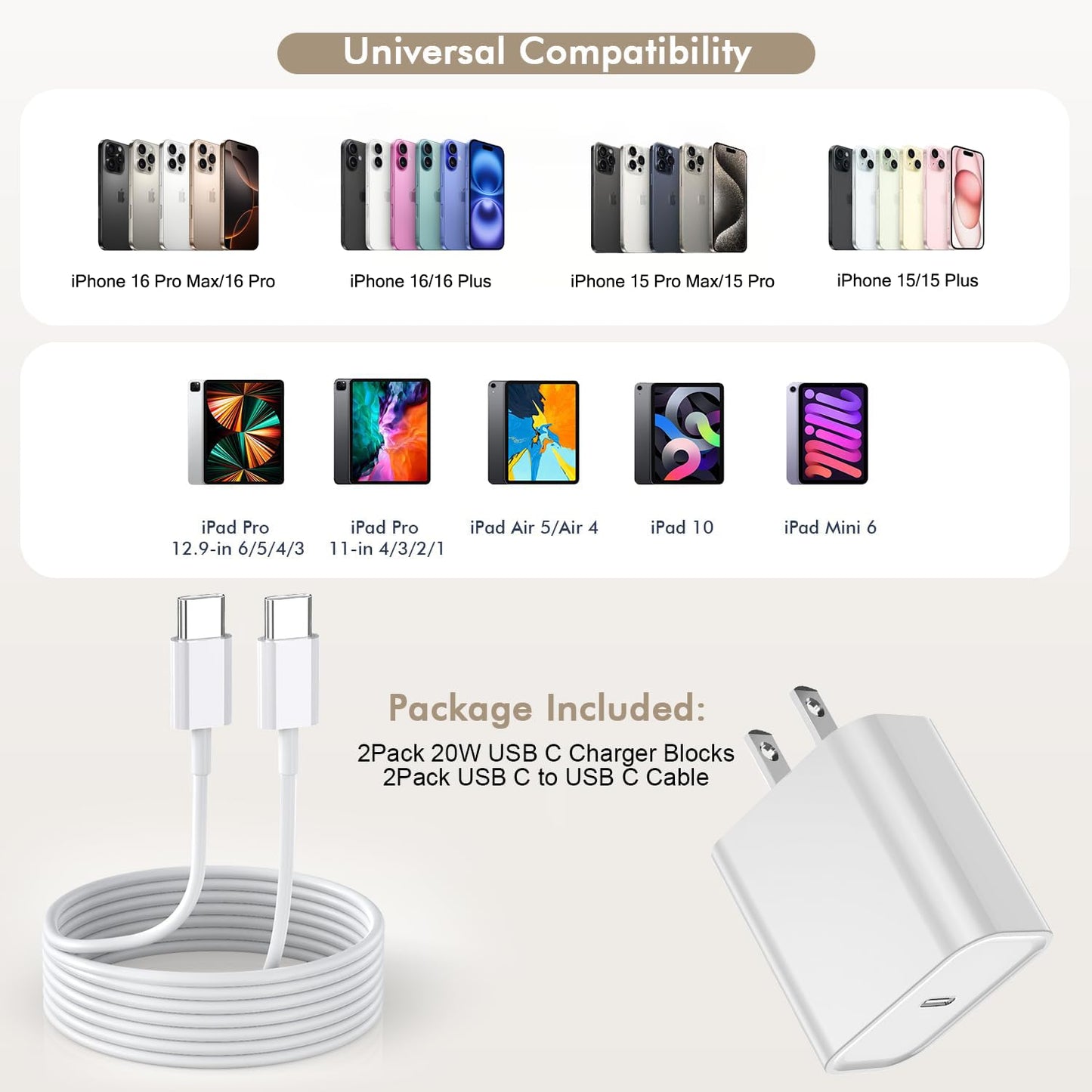 iPhone 16 15 Charger Fast Charging, 2Pack 10FT Extra Long USB-C to C Cable Cord with 20W Apple iPad USB C Fast Charger USB C Wall Charger Block for iPhone 16/16 Plus/16 Pro/16 ProMax/15/15 ProMax/iPad
