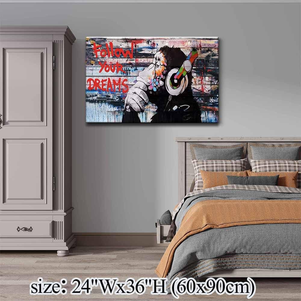 Framed Banksy Graffiti Canvas Wall Art Follow Your Dreams Monkey Poster With Headphones Prints Street Painting Picture Man Cave Wall Decor Pop Art for Living Room Bedroom Office 24" Wx36 H (60x90cm)