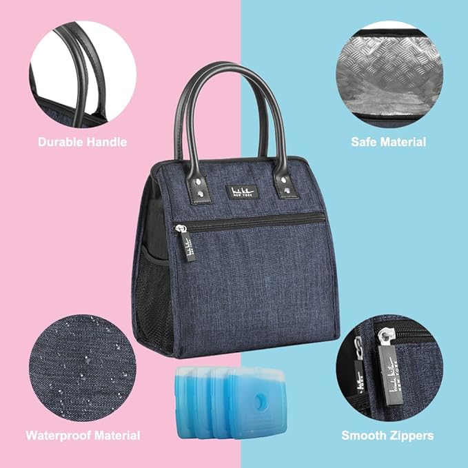 Nicole Miller Insulated Lunch Bag Tote Thermal Soft Side Wide-Open Cooler Ice Bag Lunch Box for Food with Drink Bottle Holder