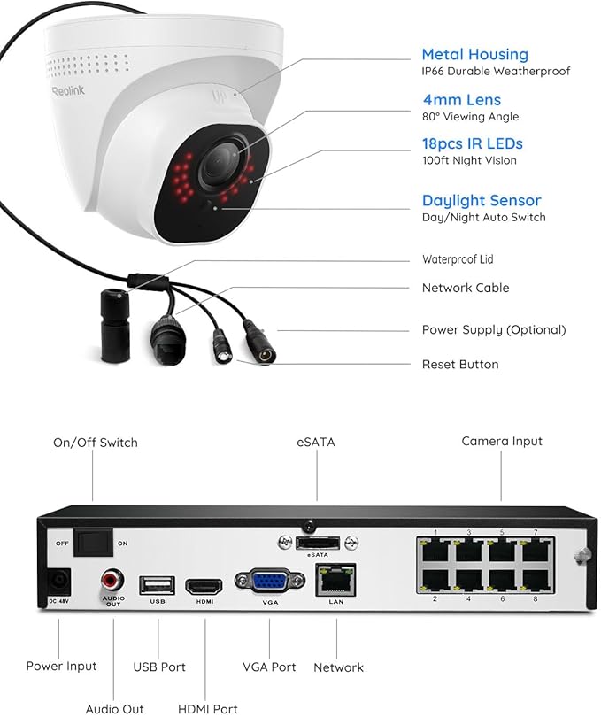 Reolink 5MP PoE Security Camera System Bundle, 8pcs 5MP Smart Human Vehicle Detection PoE Cameras, Dome IP Cameras, an 8CH NVR Pre-Installed with 2TB HDD(Include 4 x 18M Cat5 Cable)