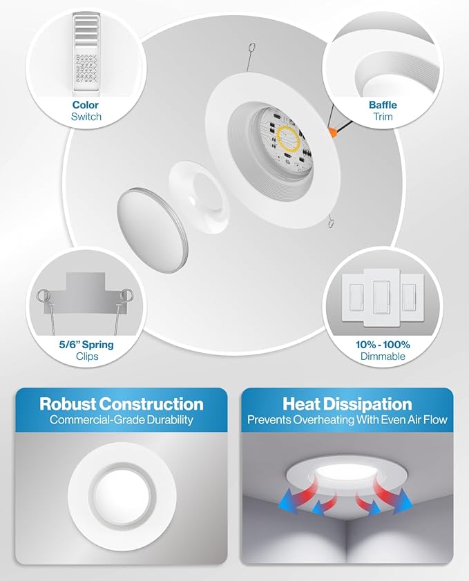 Sunco 32 Pack 6 Inch LED Recessed Light, Retrofit Downlight Can Lights for Ceiling, Baffle Trim, 1050 LM, 13W (75W Equivalent), Selectable CCT 2700K/3000K/3500K/4000K/5000K, Dimmable, Damp Rated UL