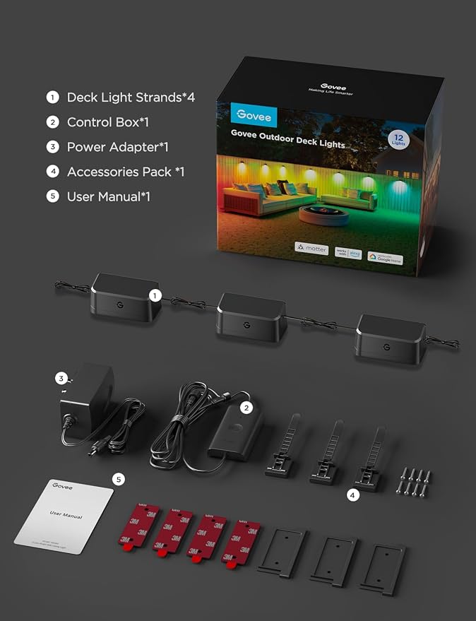 Govee Outdoor Deck Lights, Multicolor Outdoor Fence Lights, IP65 Waterproof Outdoor Lights with Smart Control, Preset Sences, Music Mode for Patio Decor, Wired 12 Packs (72ft)