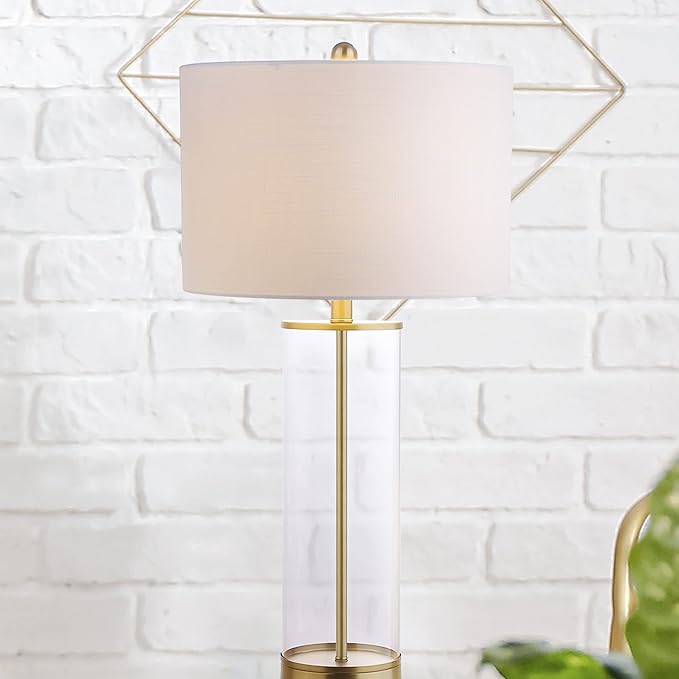 JONATHAN Y 29" Clear/Brass Gold Modern Glass Table Lamp for Living Room Bedroom, Minimalist Nightstand Bedside Lamp, White Linen Drum Shade, LED Bulb Included (JYL2005A)