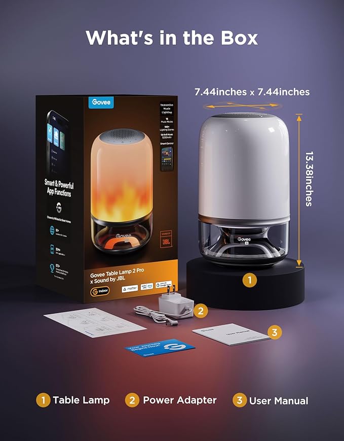 Govee Table Lamp 2 Pro x Sound by JBL, Smart Cordless Table Lamp with Speaker, Music-Light Sync, 16 Music Modes & 100+ Scene Modes, Work with Matter, DIY Customized Rechargeable Desk Lamp for Bedroom