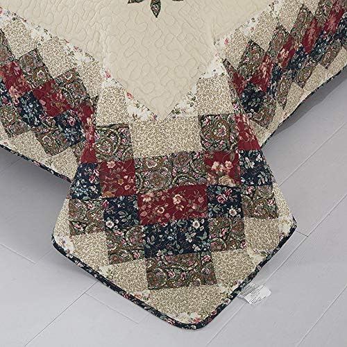 Beige Floral Embroidered Quilt Set King Size 100% Cotton Ethnic Patchwork Bedspread Coverlet Country Rustic Embroidery Reversible Geometric Bedding Cover Set Soft Cotton Comforter Cover,3pcs