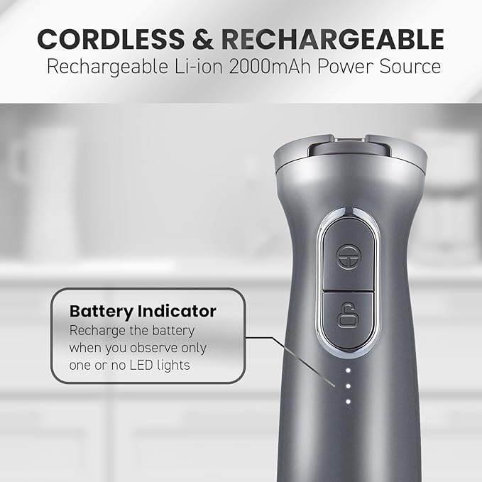 Elite Gourmet EHB1324 Cordless, Rechargeable Hand Blender, Variable 5-Speed Blending, One-Touch Power Button & Safety Lock, Stainless Steel Blades, Portable, Sauces, Soup, Smoothies, Baby Food, Gray