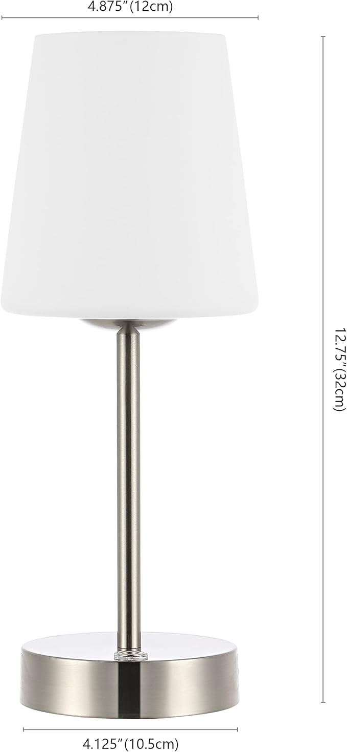 JONATHAN Y 12.75" Nickel Modern Rechargeable Cordless LED Table Lamp, Mini Portable Dimmable Touch Accent Lamp for Bedroom Vanity with Frosted White Glass Shade JYL7110A