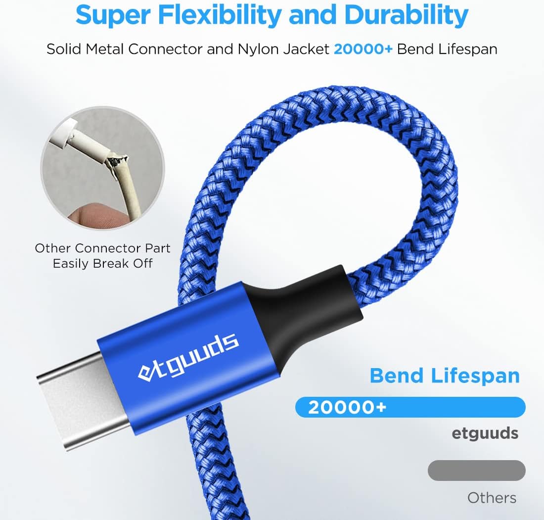 etguuds 4ft USB A to USB C Cable 3A Fast Charging, 2-Pack USB A to USB Type C Charger Cord for iPhone 16 15 Pro/Pro Max/Plus, for Samsung Galaxy S24 S23 S22 S21 S20 S10 A55 A54 Flip Note, Moto, Blue