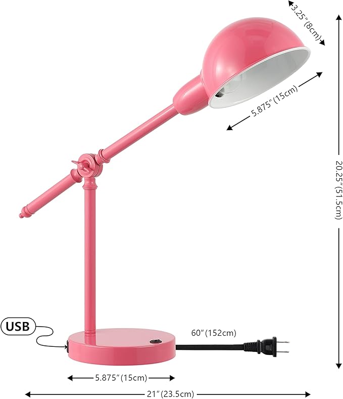 JONATHAN Y 20.25" Pink Vintage Industrial Iron Adjustable Task Lamp with USB Charging Port for Office Desk, Metal Yellow Dome Shade, LED Bulb Included (JYL7123D)