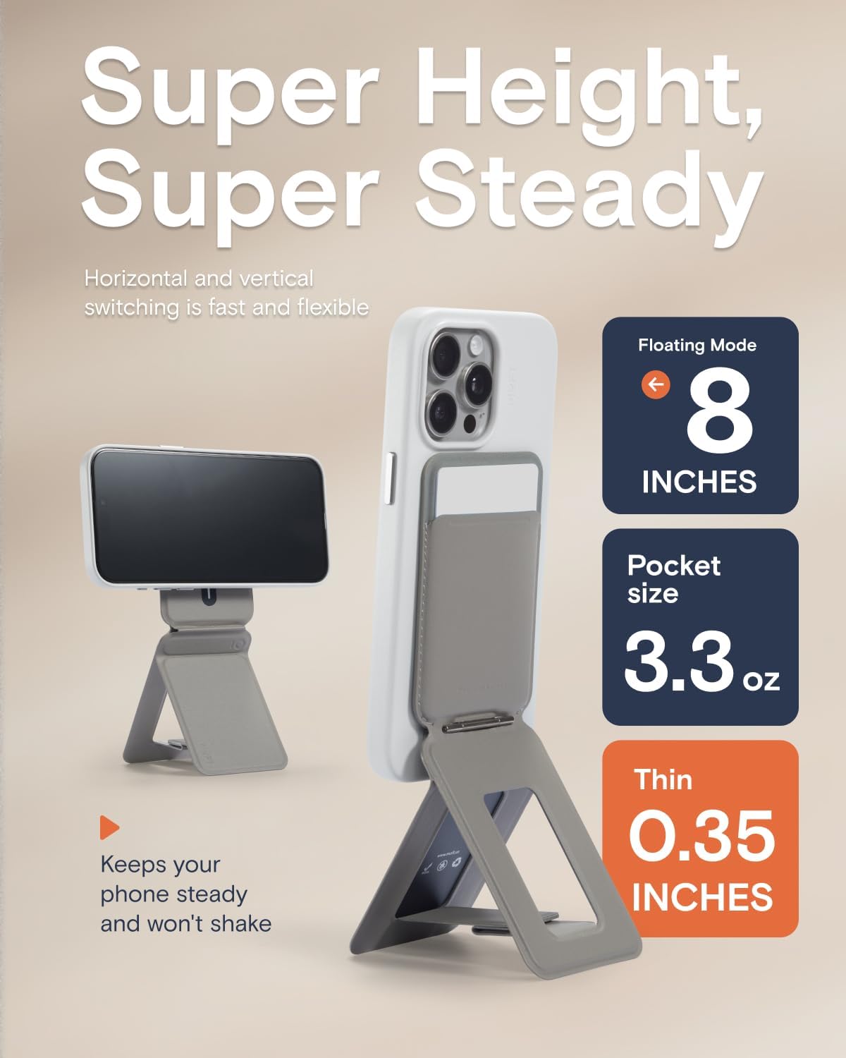 MOFT Phone Tripod Wallet for iPhone, Mulit-Angles, Lightweight & Portable Phone Stand, MOVAS Vegan Leather Magnetic Wallet, Strong Magnets, NFC Card Holder,Travel Essential, Taupe (with Card Slot)