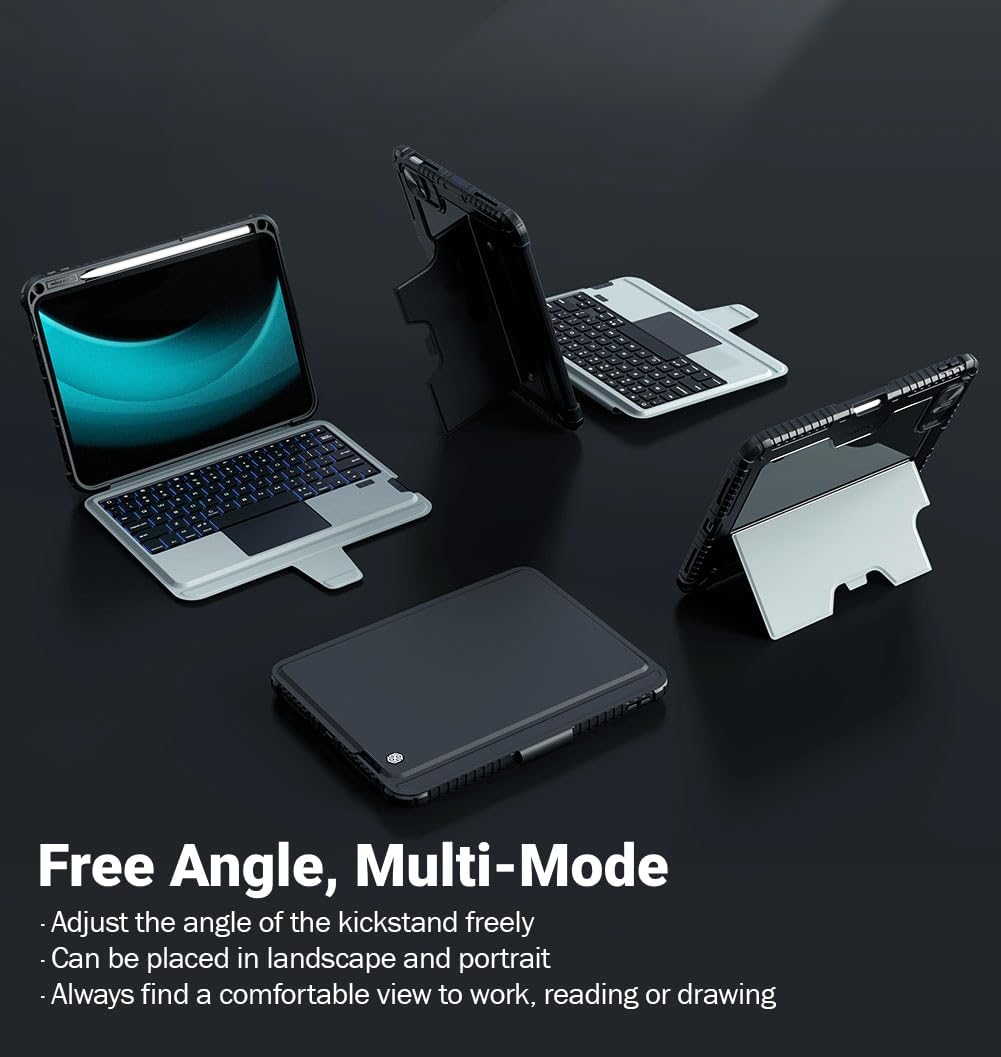 Nillkin iPad A16 (11th Gen) / 10th Gen Case with Detachable Keyboard, Magic Trackpad, 7-Color Backlit, Portrait/Landscape Modes, Rugged Keyboard Case for iPad 11th / 10th Generation (2025/2022), Gray