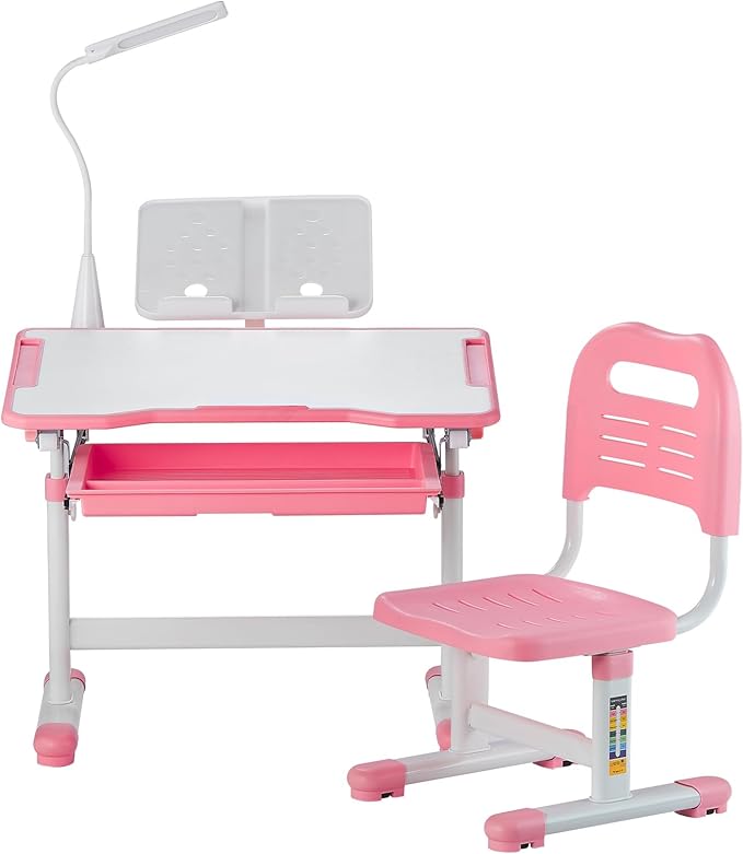 VEVOR Kids Study Desk and Chair Set, Learning Table and Chair for Kids with Table Lamp, Adjustable Height & 0-40° Tilted Desktop Toddler Desk and Chair, Table for Bedroom & Study Room, Pink
