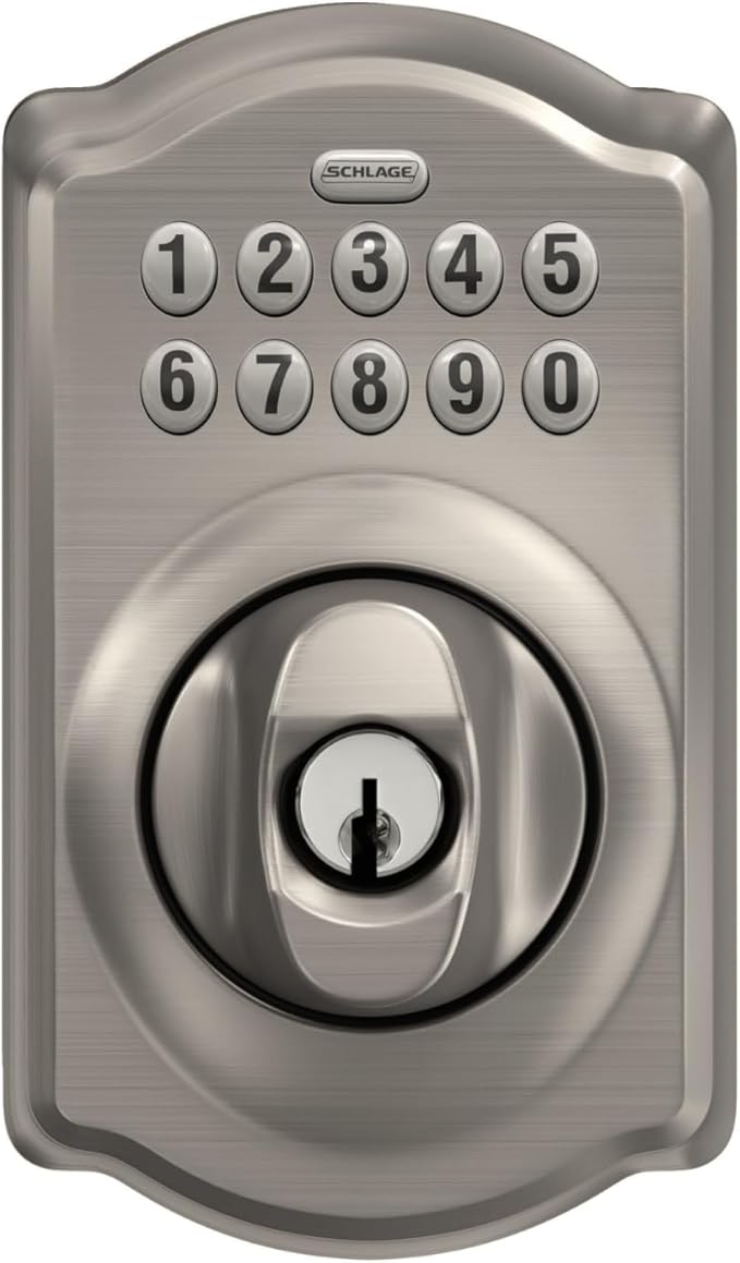 Schlage BE365 V CAM 619 Camelot Keypad Deadbolt, Electronic Keyless Entry Lock, Satin Nickel