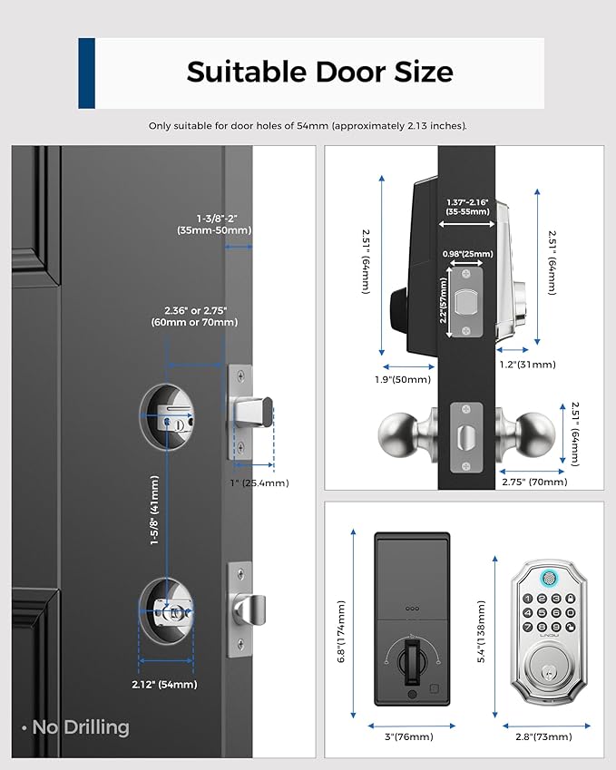 Keyless Entry Door Lock with Handle, App Control Front Door Lock Set Keyless Entry, LNDU 100 Passcode Door Locks for Front Door, Auto Lock One Touch Lock, Anti-Peeking Password, Easy to Install