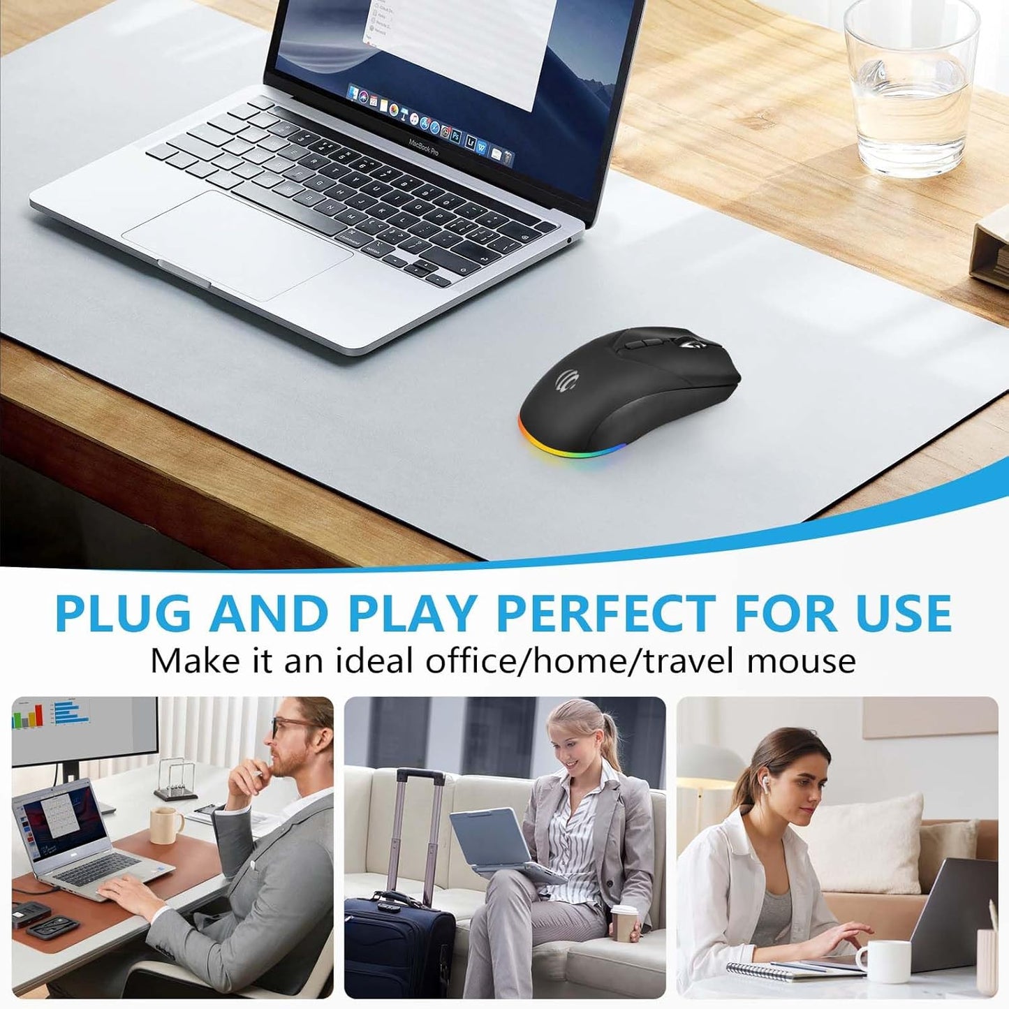 Wireless Bluetooth Mouse, 2.4G and Bluetooth 5.2 Ergonomic Rechargeable USB Optical Mouse, 3 Adjustment DPI, 1600 DPI Dual Mode Silent Wireless Mouse for Mac,Laptop, PC, Windows.(Black)