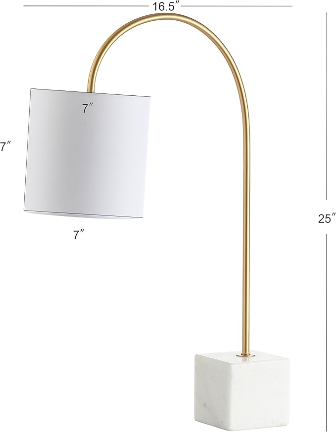 JONATHAN Y 25" Marble and Brass Gold Modern Arched Table Lamp, Contemporary Iron Desk Lamp with White Linen Drum Shade for Bedroom Living Room, LED Bulb Included JYL5023A