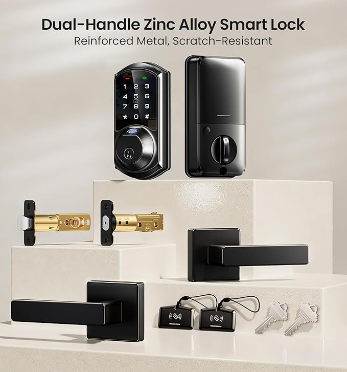 Veise VE07-L Fingerprint App Control Smart Locks with Heavy-Duty Zinc Alloy Handles, Keyless Entry for Front Door, Digital Electronic Touchscreen, Auto Lock, Waterproof, Easy Install, Matte Black