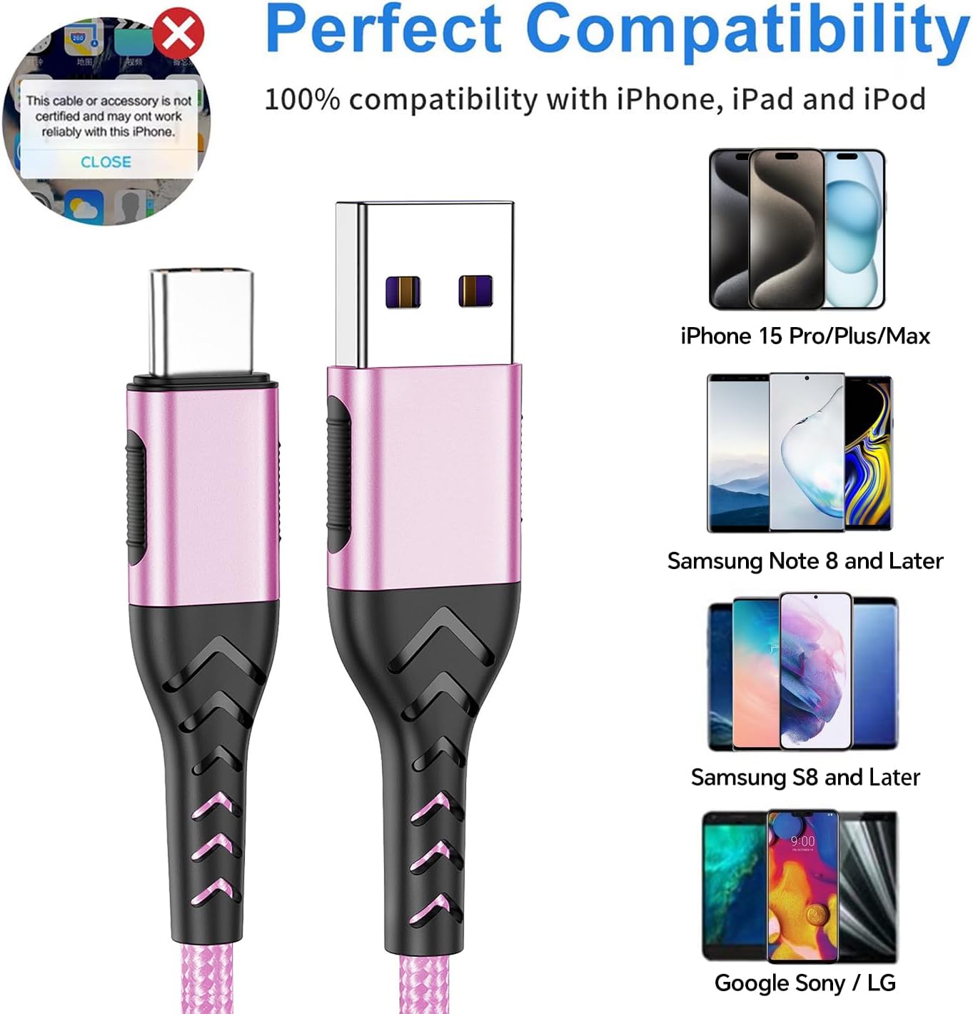 Durcord 2Pack 3ft USB A to USB C Cable, USB Type C Cord Cable for Android Phone Pad Laptop, Type C Charger Braided Compatible with iPhone 15 Pro/Plus/Max/Android/Phone/Pad-Rose Gold