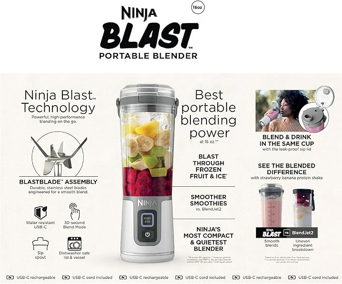 Ninja Blast 16 oz. Personal Portable Blender with Leak Proof Lid and Easy Sip Spout, Perfect for Smoothies, Cordless, USB-C Rechargeable, Dishwasher Safe Parts (Renewed) (White)