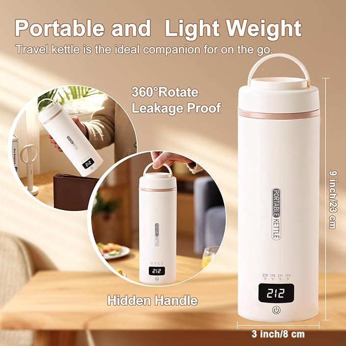 Travel Kettle Mini Portable Electric Kettle with 4 Temperature Settings, Plug in 304 Stainless Steel Mini Travel Electric Kettle with Auto Shut-off (Beige)