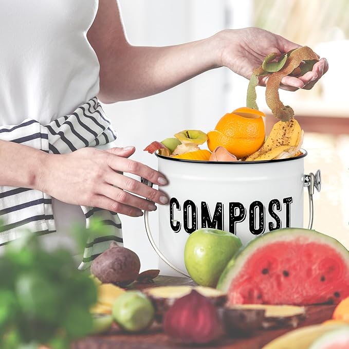Granrosi Countertop Compost Bin Kitchen - 1.3 Gal Indoor Compost Bucket with Lid for Kitchen, Farmhouse Rust Proof & Odorless Composter Bin for Countertop, 3 Charcoal Filters