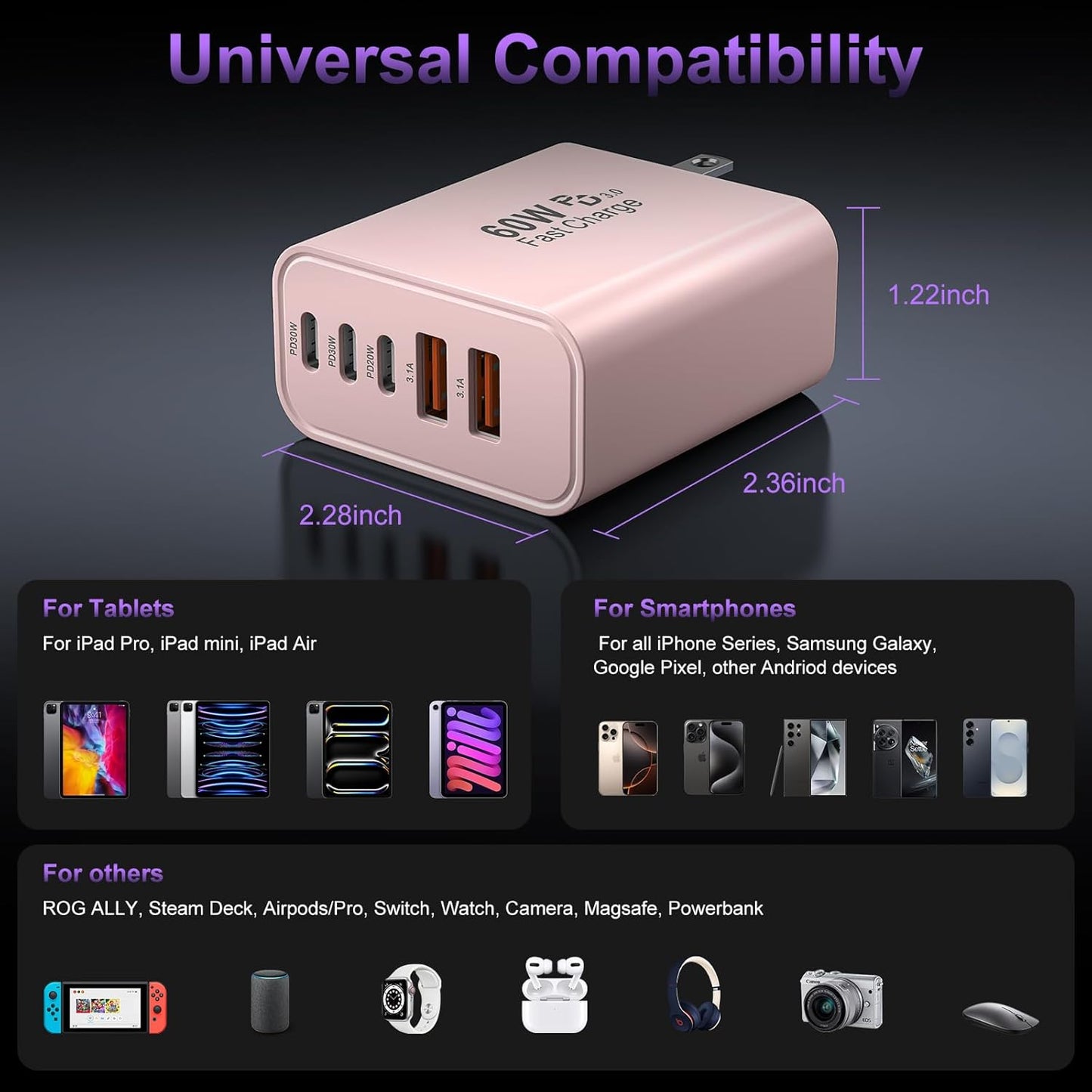 USB C Fast Wall Charger Block, 2Pack 60W USBC Charging Cubes, 5-Port PD+QC Power Adapter Multiport Brick Type C Box Plug for Phone 16/15/14/13/12/11/Pro Max/Plus, Pad Mini/Pro/S25/S24-Pink