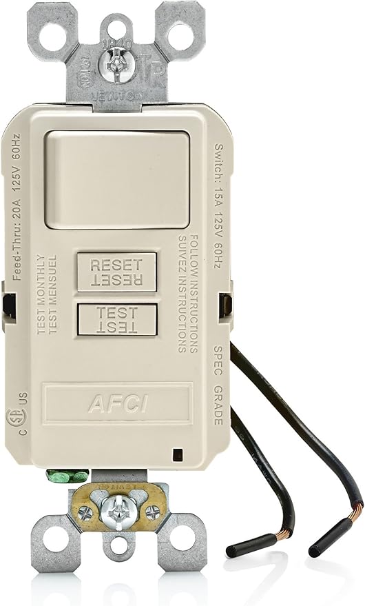 Leviton AFCI/Switch Combination, 15 Amp, Self Test, LED Indicator Light, AFSW1-T, Light Almond